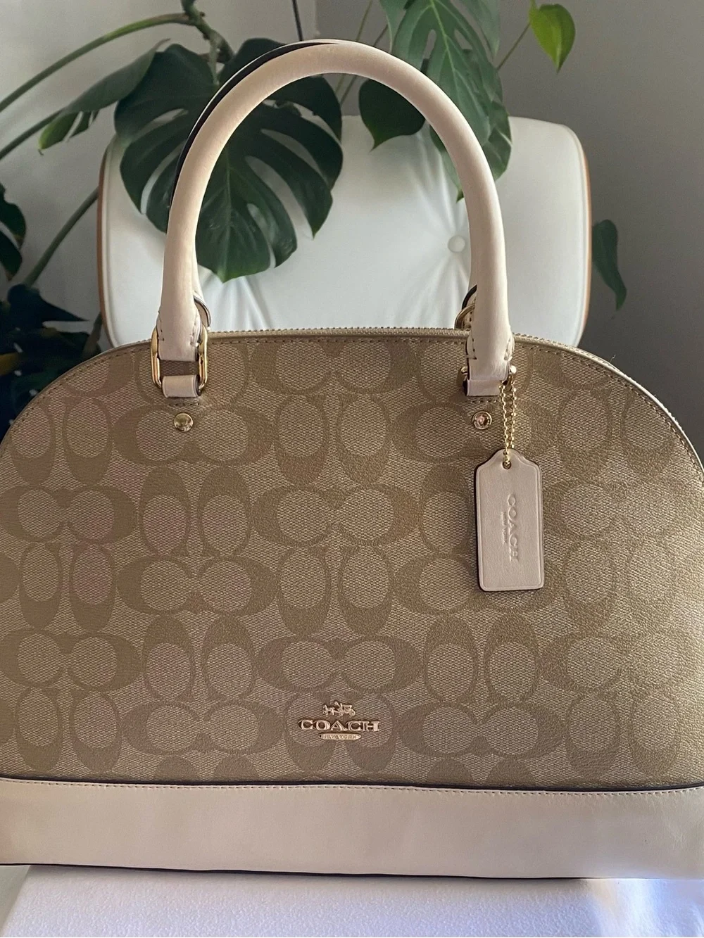 Coach Beige Signature Dome Satchel with Chalk Trim & matching wallet